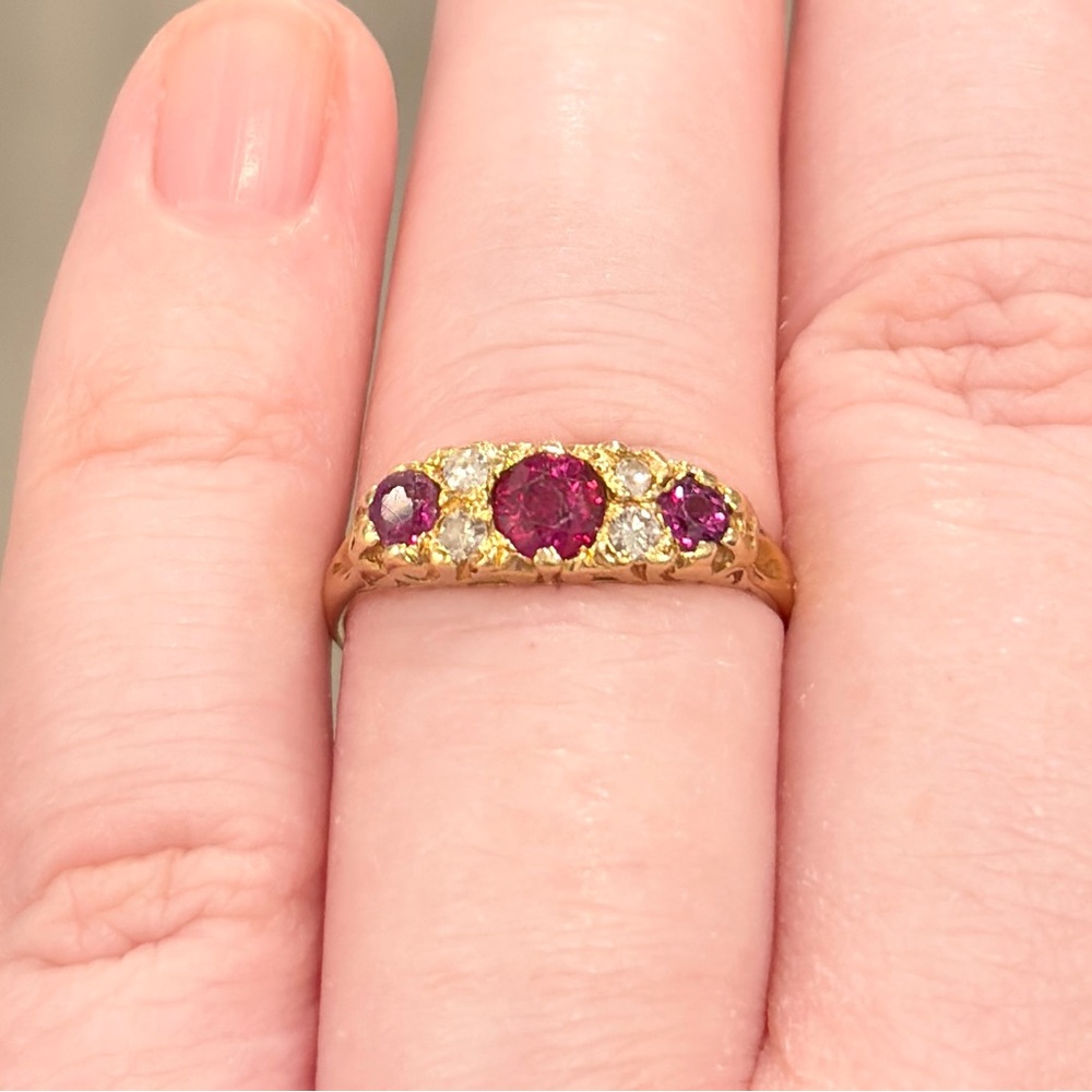 18K Ruby Diamond Edwardian Ring, 1960s Recreation Size 6.75 - Picture 3 of 15